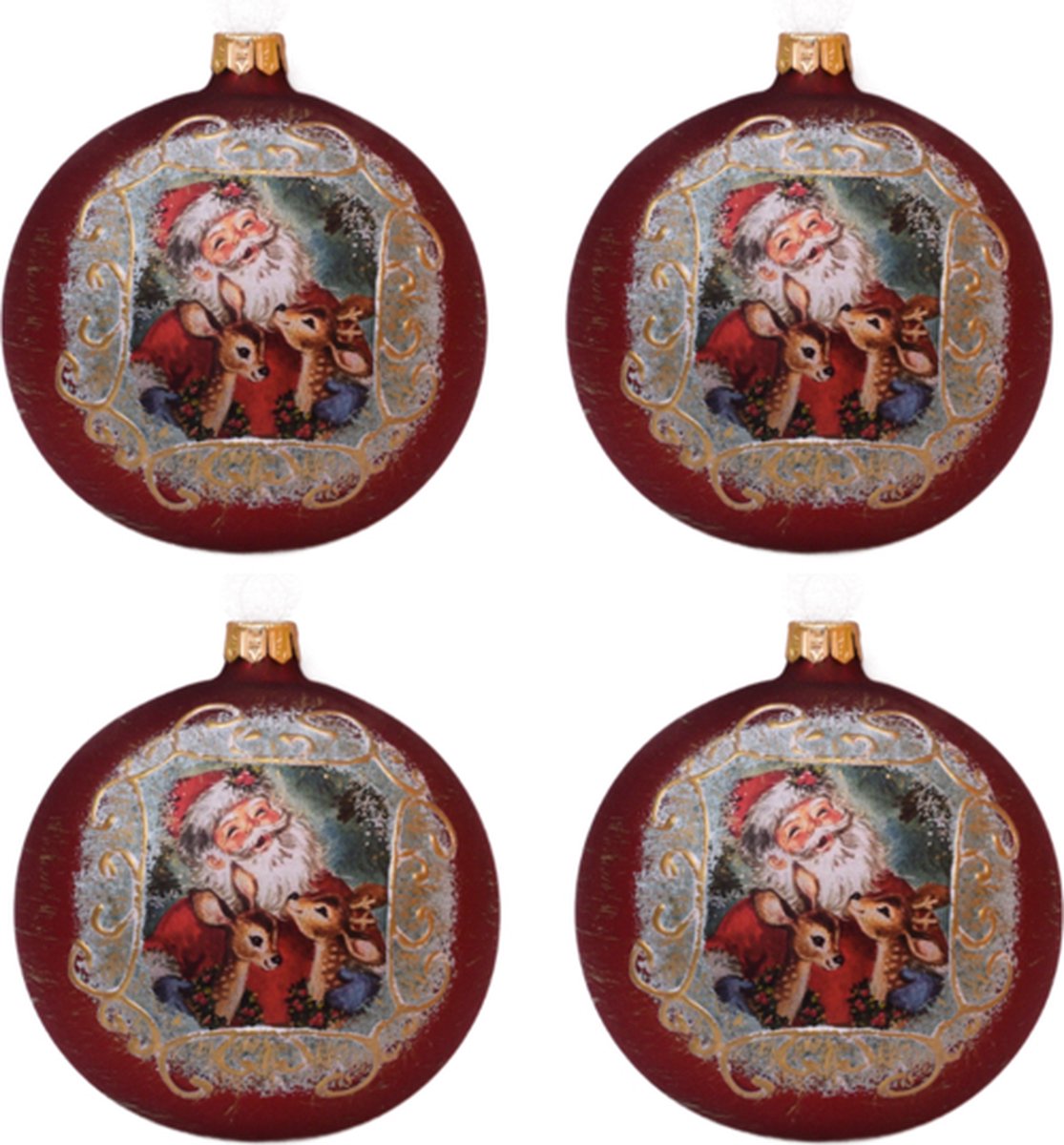 Klassieke Rode Kerstballen met Schattige Kerstman en Rendieren - doosje van 4 kerstballen van glas 8 cm