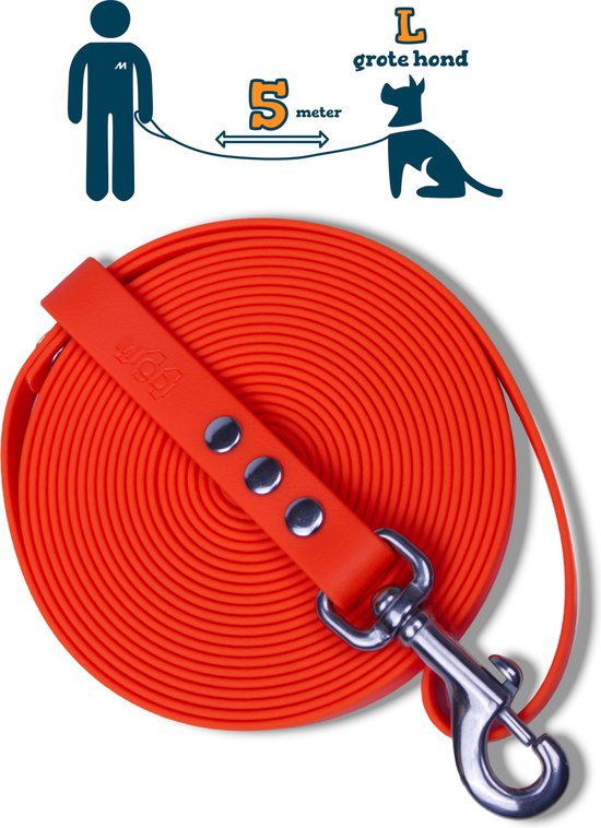 Miqdi lange lijn – BioThane® - neon oranje – 5meter lang – 19mm breed – L/XL - grote hond – lange hondenriem