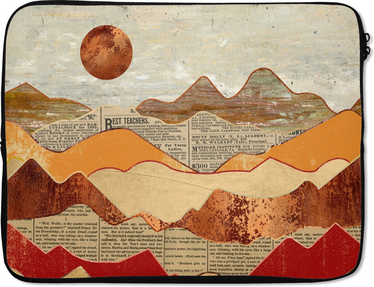 Laptophoes 17 inch - Vintage - Krant - Brons - Abstract - Landschap - Kleuren - Laptop sleeve - Binnenmaat 42,5x30 cm