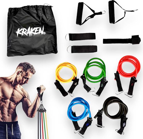 KRAKEN Resistance Bands Tube Set | Weerstandsbanden | Set Fitness Resistance Bands | Sport Elastieken | Fitnessbands | Calisthenics en Crossfit | incl GRATIS Draagtas