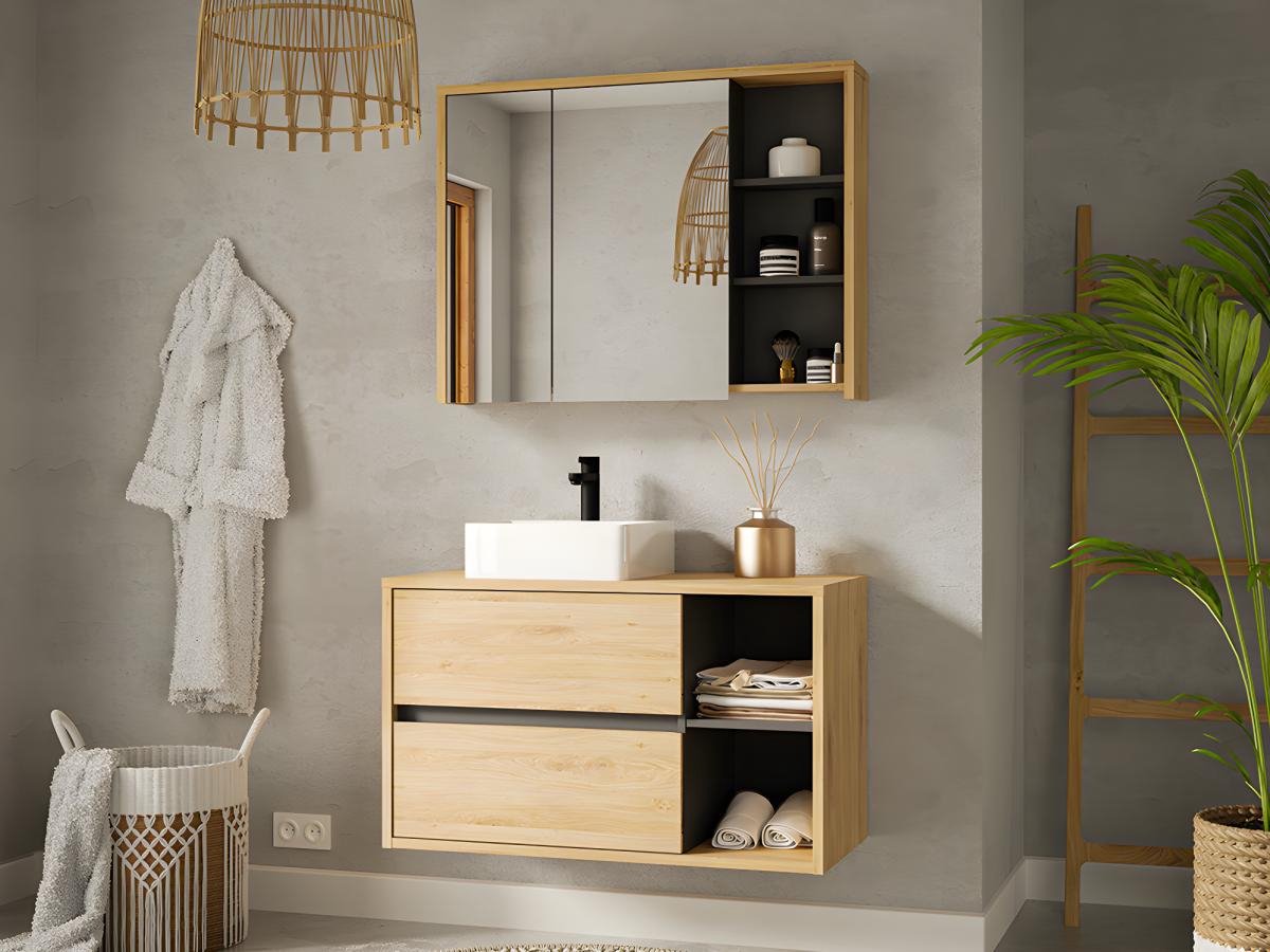 Hangend badkamermeubel met enkele wastafel en spiegelkast - Naturel - 100 cm - PURNAL L 100 cm x H 60 cm x D 45.5 cm