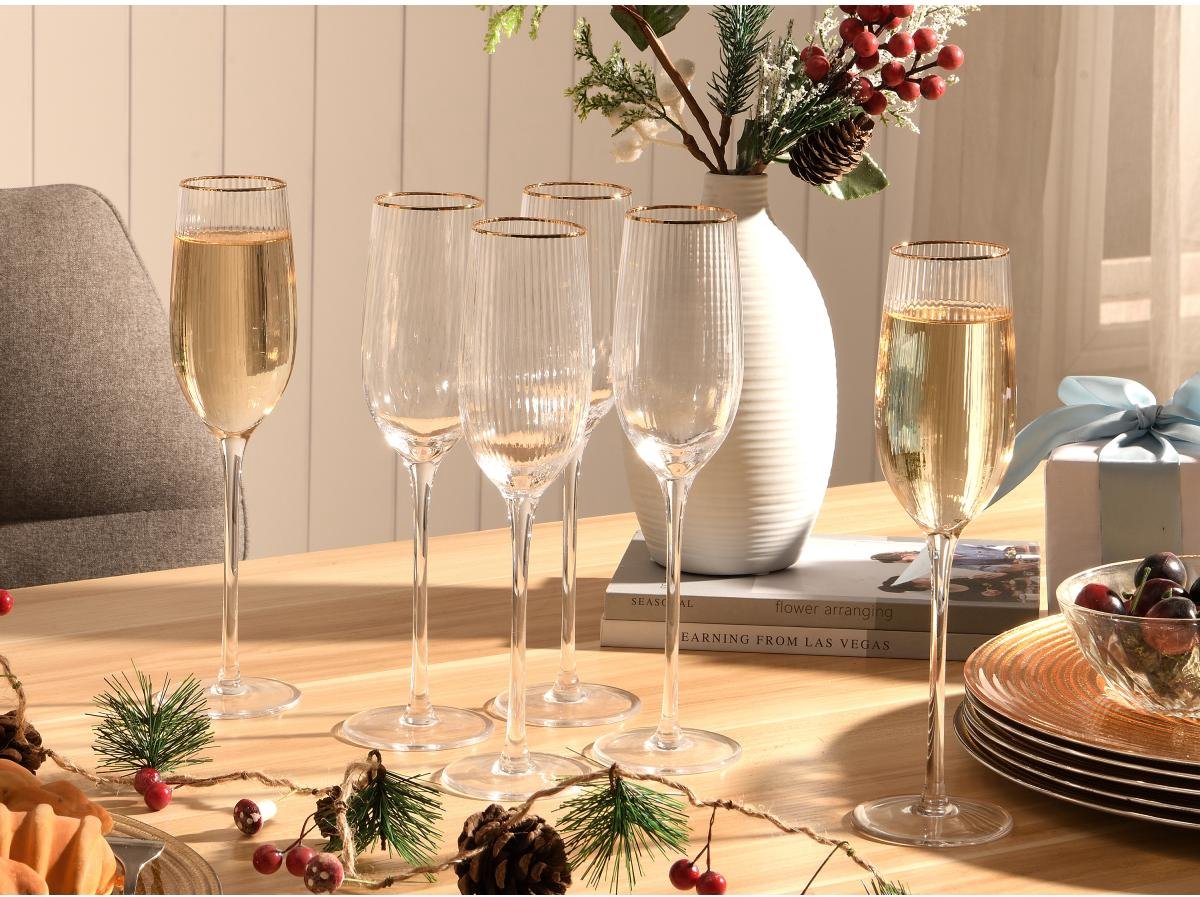 OZAIA Set van 6 champagneglazen - H25,5 cm - Glas - Transparant met gouden rand - FASTONI L 7 cm x H 22.5 cm x D 7 cm