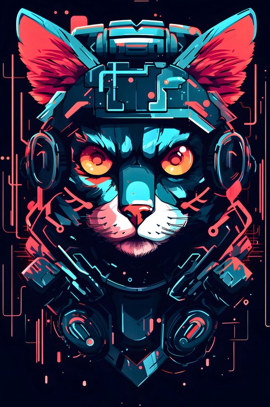 Neon Abstract Kat Poster - Manga Kat - Sci-Fi Kat - posters - formaat 50x70cm - Wanddecoratie - S1222MT