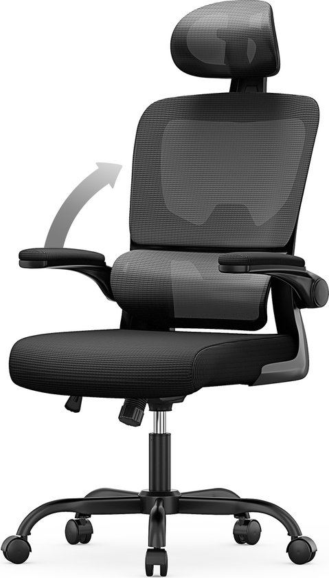 Chaise de bureau ergonomique - Fauteuil - avec accoudoir rabattable à 90° - Support lombaire adaptatif - Hauteur réglable Zwart