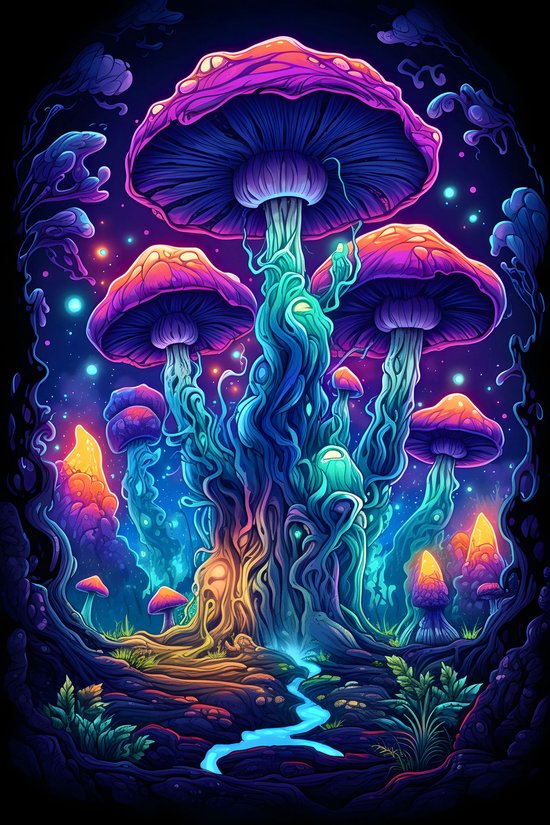 Neon Paddenstoelen Poster | Neon Poster | Paddo Poster | 61x91cm | Wanddecoratie | Muurposter | MT | Geschikt om in te lijsten