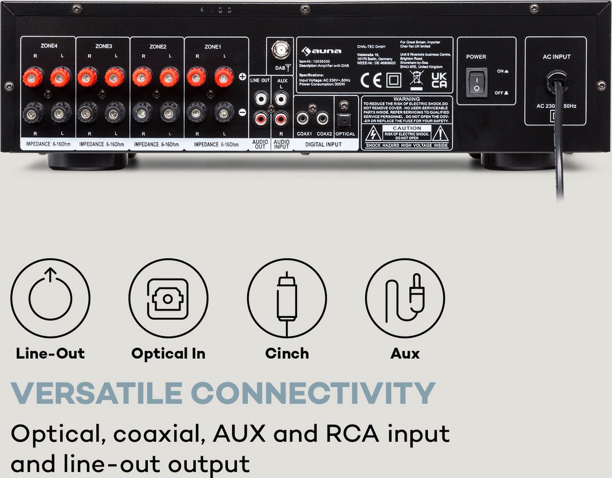 Auna AMP-4000 DAB hifi-stereoversterker, DAB+-radio, stereoversterker, USB-afstandsbediening, versterker met LED-display, hifi-versterker, zwart thumbnail 4