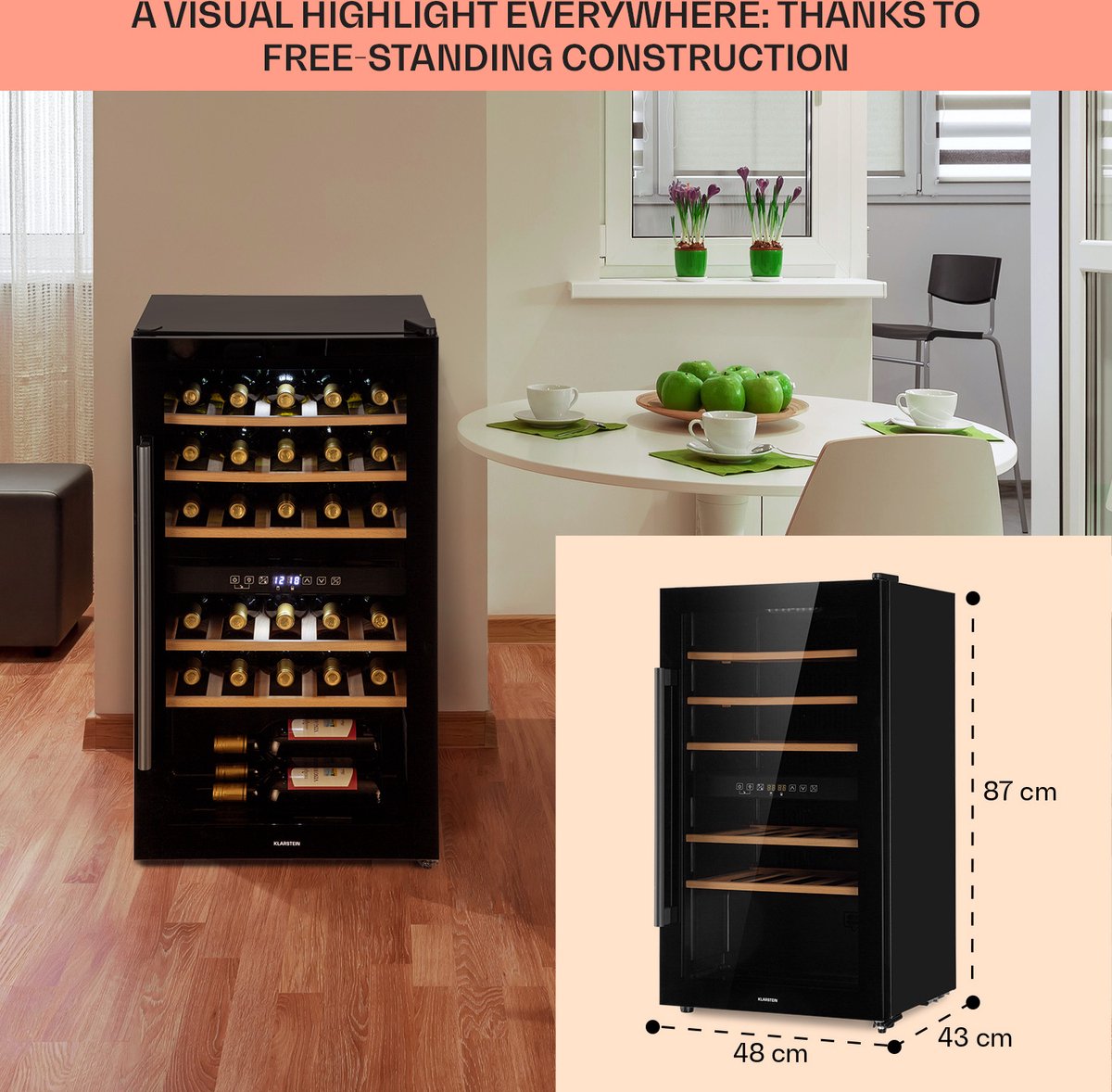 Klarstein Wijnkoeler Barossa 29 Duo Wijnkoelkast - 29 Flessen - 80 Liter - 2 Zones - Toetsbediening - Zwart - 43 cm - voor Bar - Houten Schappen - Wine Cooler Wine Fridge Wijnklimaatkast Wijnkast – foto 7