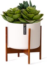 Blumfeldt Thorn - pot de fleur avec support 19,6 x 20 x 19,6 cm - porte-plante en bois - pot extérieur en céramique - 2 variantes de hauteur - pour l'intérieur et l'extérieur