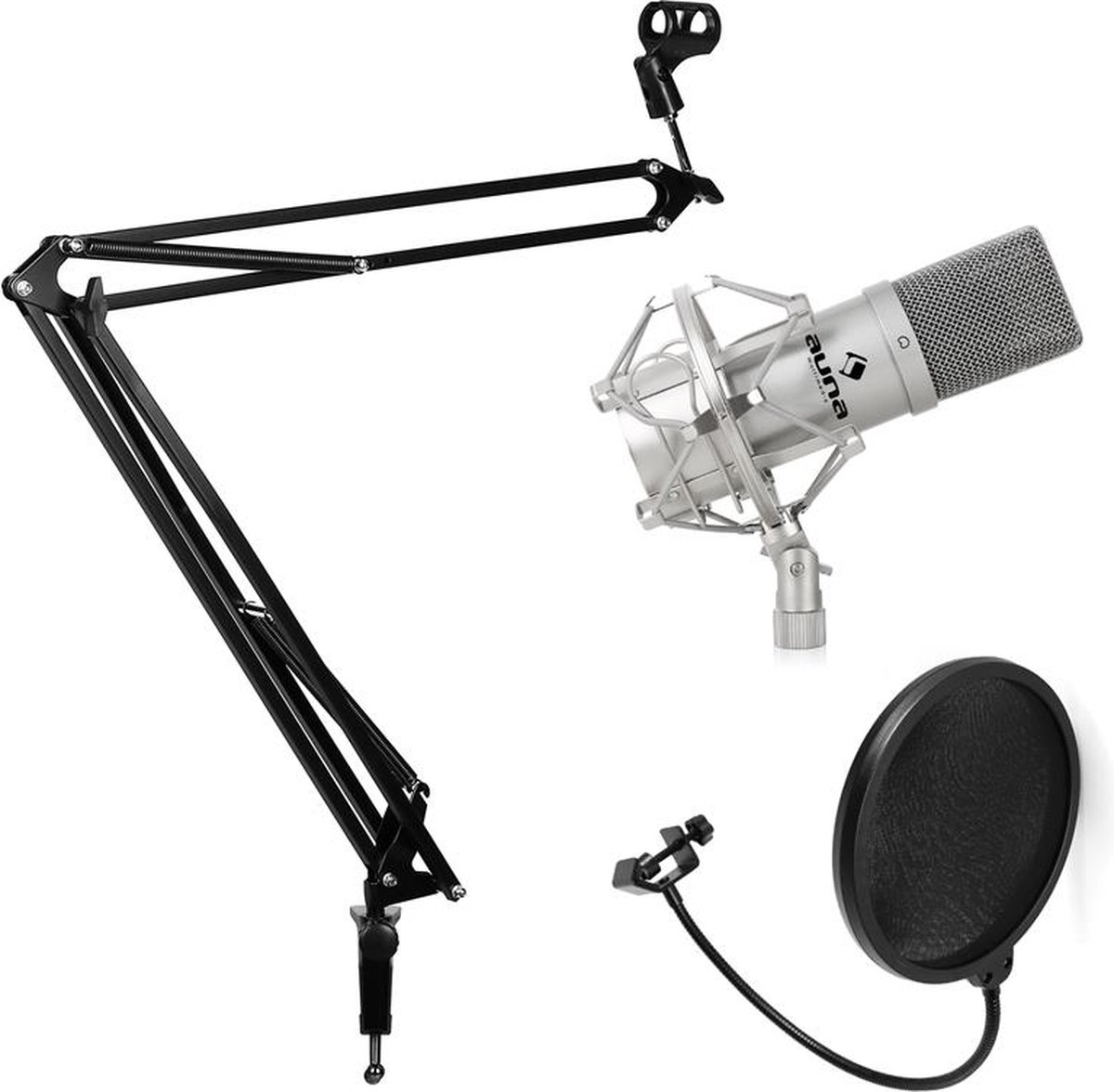 Studio microfoonset met microfoon & microfoonarmstatief & popfilter zilver