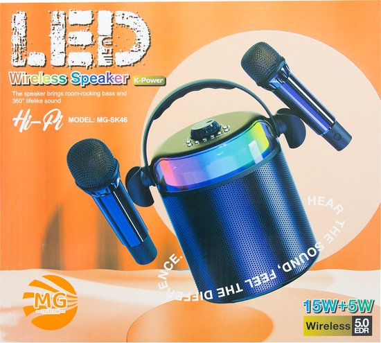 MG Dynamische luidspreker met karaoke SK46 2023 - Draagbare Speaker met LED verlichting en Extra Bass - 15 Watt / 2402hZ - Draadloze Bluetooth Luidspreker - Soundbeat Box van Soundbeat Box — afbeelding 4
