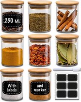 Kruidenpotjes - set van 8 250ml - met etiketten en pen voor etiketteren - luchtdicht - vaatwasmachinebestendig - keuken organisatie - kruidenpotjes voor specerijen - kruiden & thee