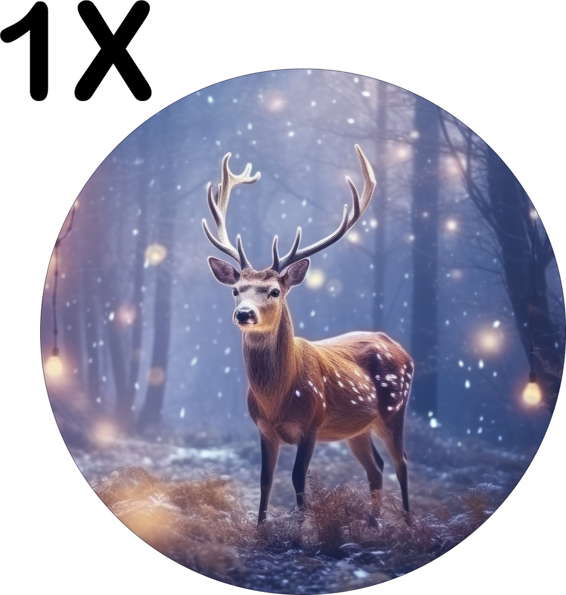 BWK Flexibele Ronde Placemat - Hert in het Bos met Kerst Lichtjes - Set van 1 Placemats - 40x40 cm - PVC Doek - Afneembaar