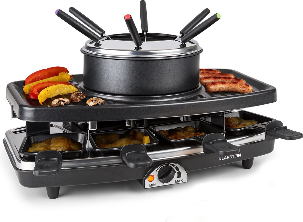 Entrecote 2-in-1 raclette-grill & fondue natuursteen 1100W 8 personen onderzetters