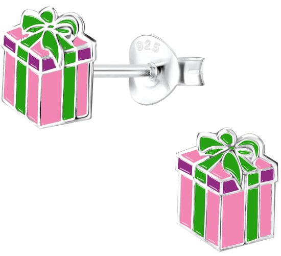 Joy|S - Zilveren cadeau oorbellen - kado oorknoppen - roze met groene strik