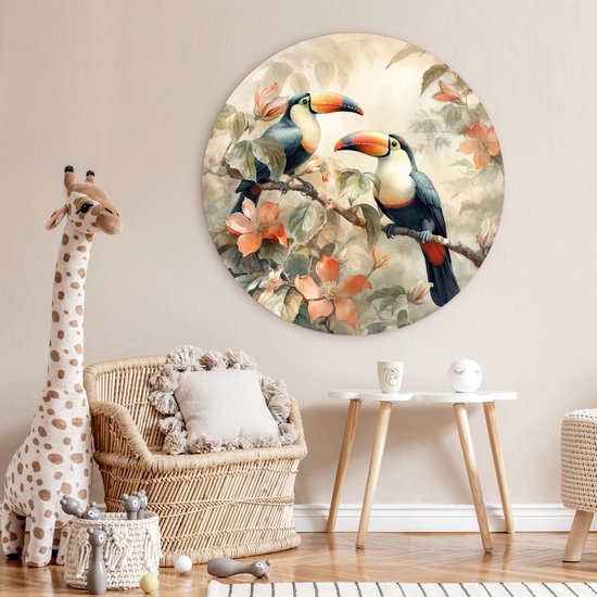 WallCircle - Wandcirkel 120x120 - Toekan - Vogels - Bloemen - Tak - Ronde schilderijen woonkamer - Wandbord rond - Muurdecoratie cirkel - Kamer decoratie binnen - Wanddecoratie muurcirkel - Woonaccessoires XXL
