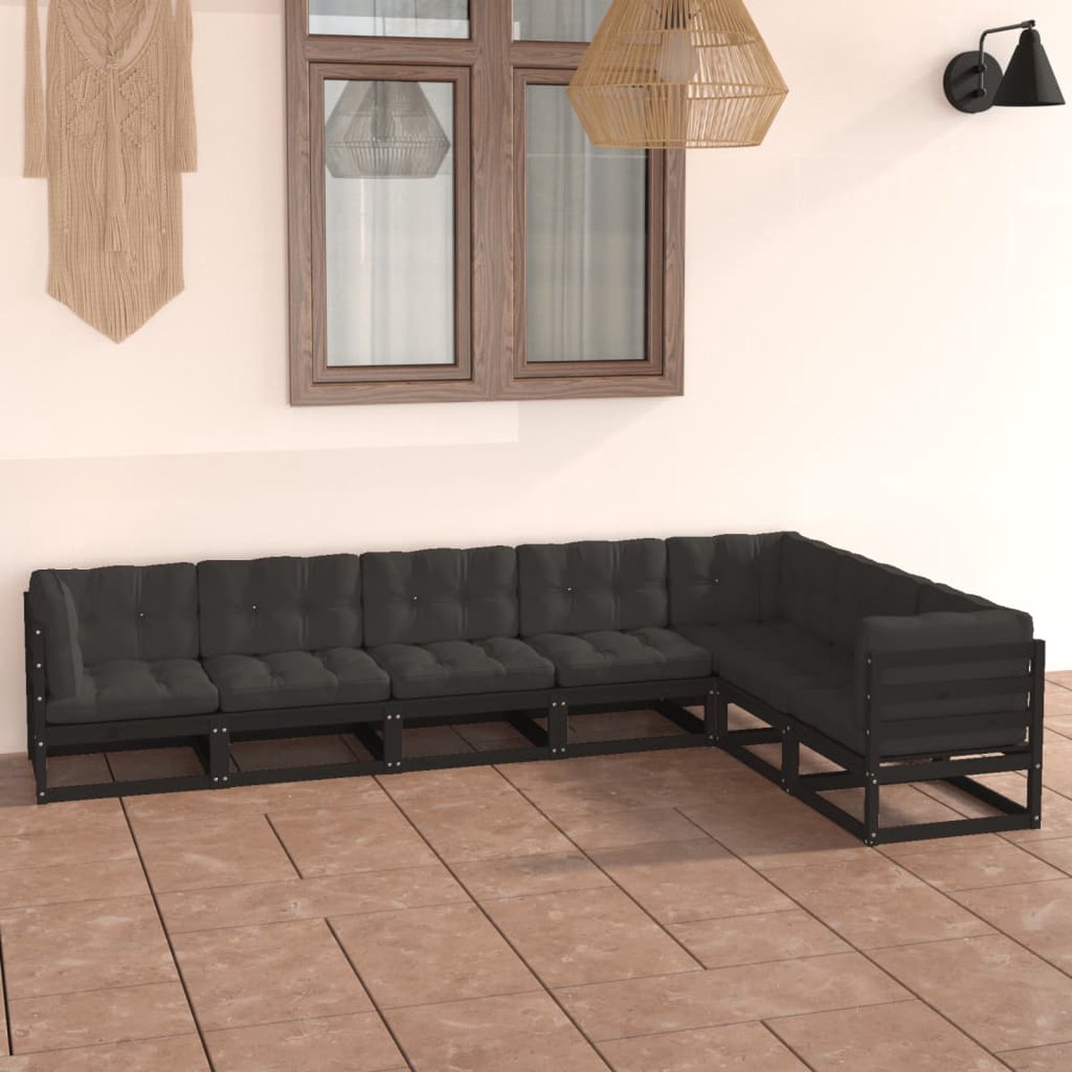 The Living Store 7-delige Loungeset met kussens massief grenenhout zwart - Loungeset - Tuinset - Houten Lounge - Tuinmeubels - Grenenhout