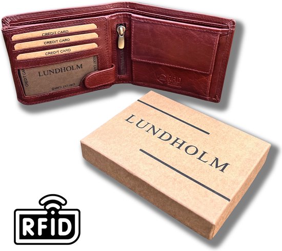Lundholm Portemonnee heren luxe leer RFID anti-skim in geschenkdoos cadeau - Reykjavik serie portefeuille heren leer - mannen cadeautjes Cognac