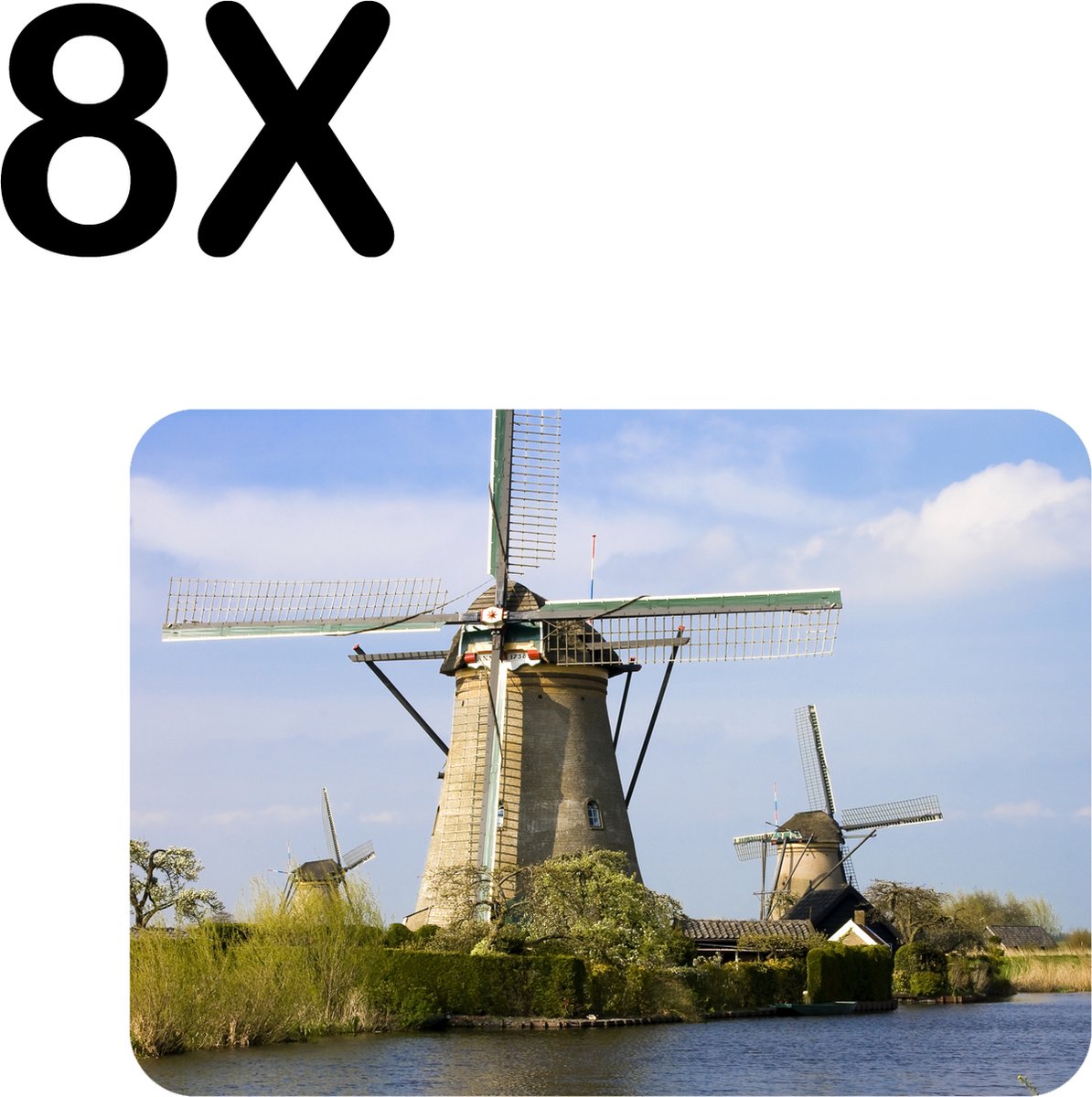 BWK Stevige Placemat - Nederlandse Molens aan het Water - Set van 8 Placemats - 40x30 cm - 1 mm dik Polystyreen - Afneembaar