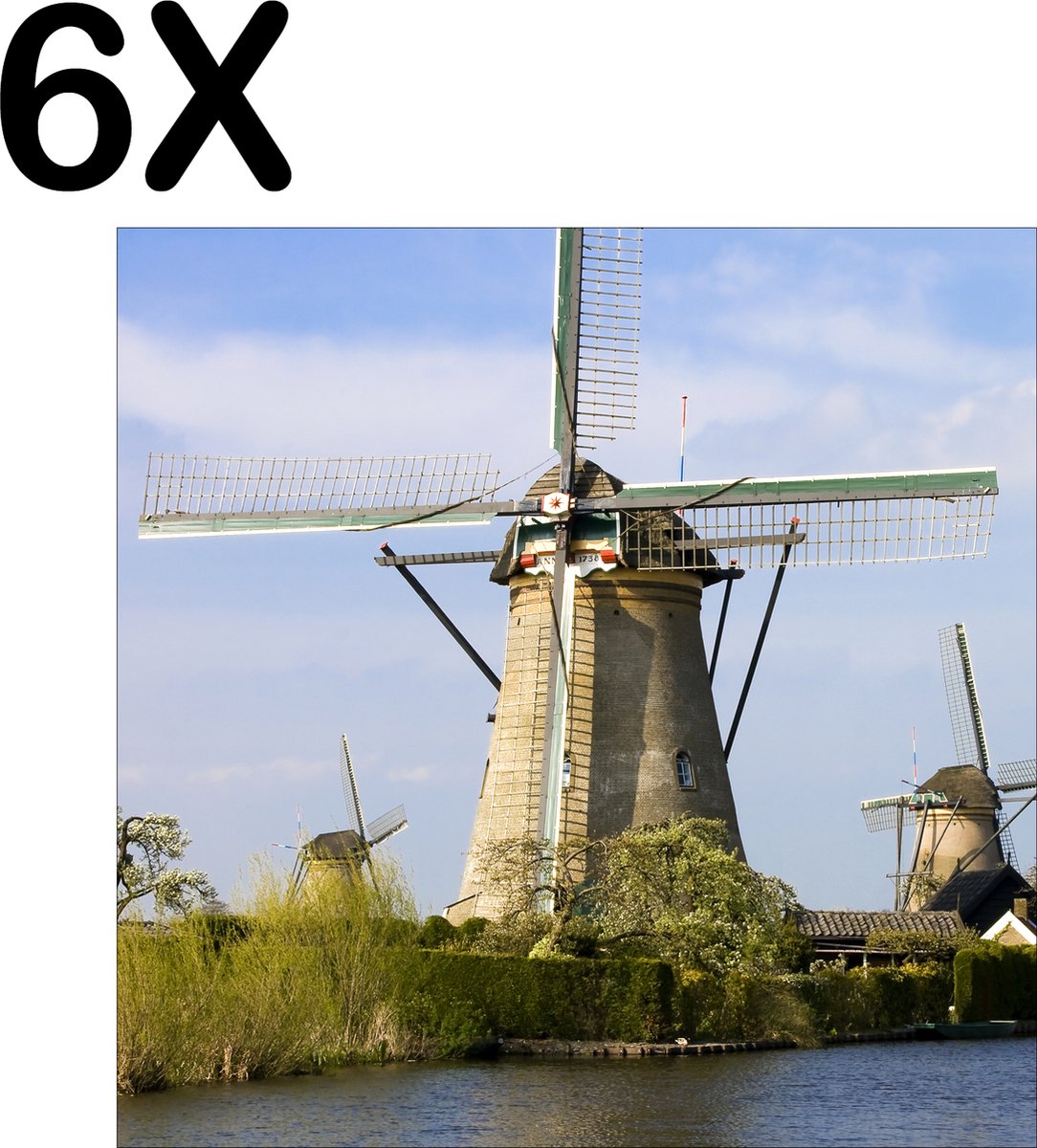 BWK Textiele Placemat - Nederlandse Molens aan het Water - Set van 6 Placemats - 50x50 cm - Polyester Stof - Afneembaar
