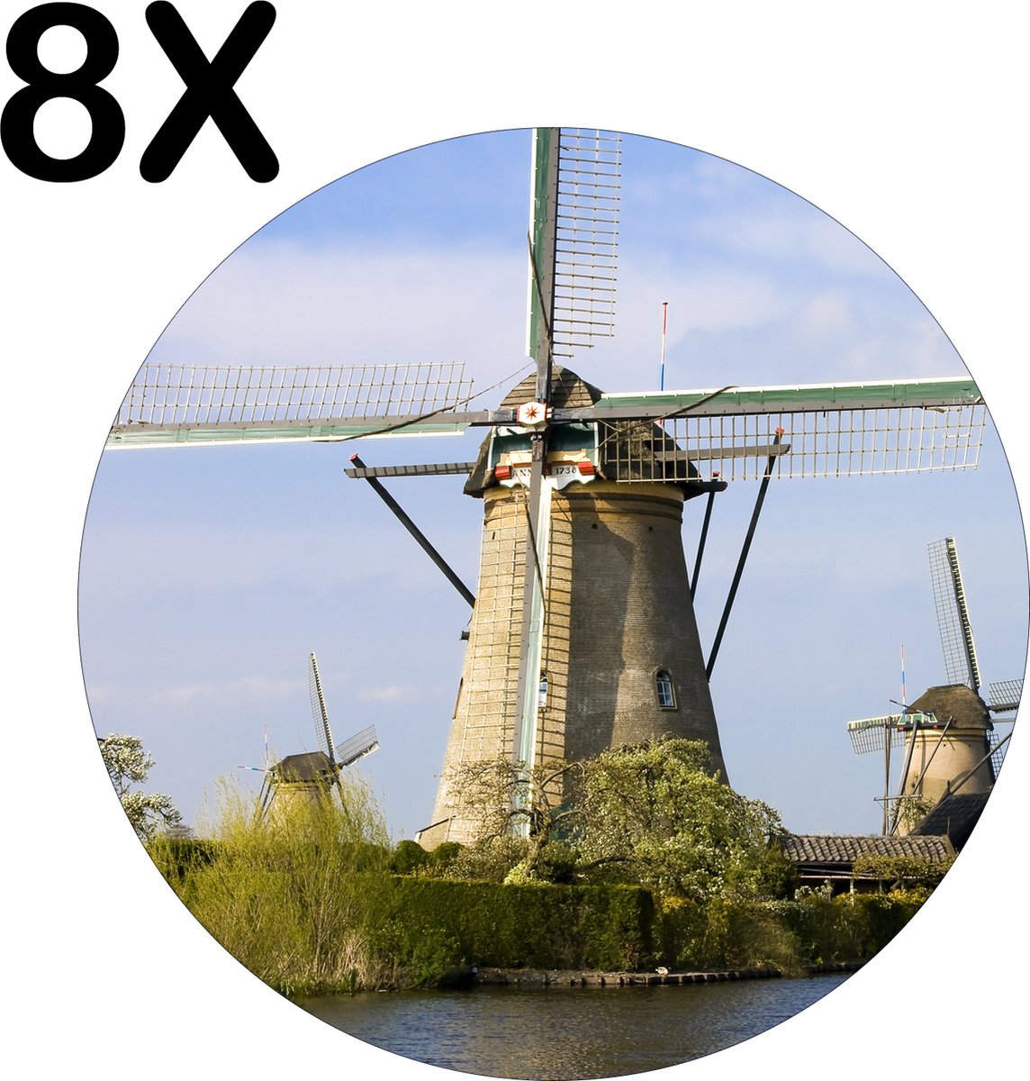 BWK Flexibele Ronde Placemat - Nederlandse Molens aan het Water - Set van 8 Placemats - 40x40 cm - PVC Doek - Afneembaar