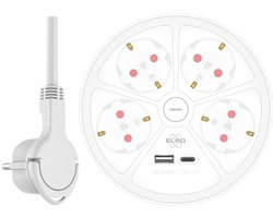 ELRO ES604 Office Design Stekkerdoos 6-voudig met schakelaar en 1,5m snoer | Snelladen met USB-C | Geaarde stekker | Brandveilig | TÜV getest | Wit
