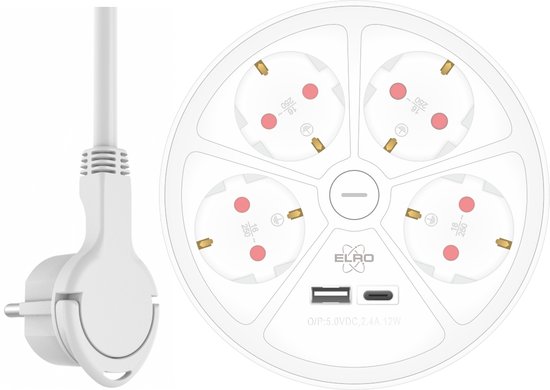 ELRO ES604 Design Stekkerdoos 6-voudig met 1,5m snoer en schakelaar – 4x stopcontact + USB + USB-C – Kinderbeveiliging – randaarde stekker – max. 3680W – TÜV getest