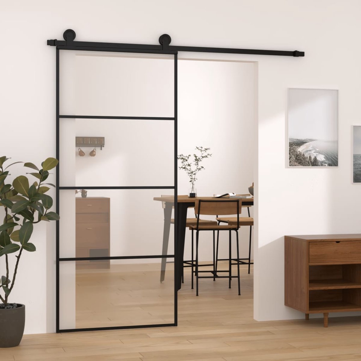 The Living Store Schuifdeur - Deur - 90 x 205 cm - Zwart - ESG-glas en aluminium - 5 mm glasdikte