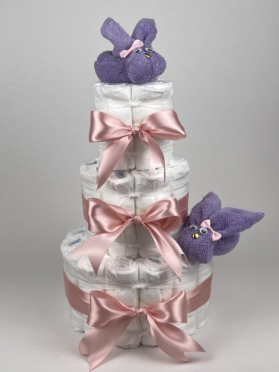 Goedkoopste Chouette-Chouette | Luiertaart Meisje | Kraamcadeau | Geboorte Meisje | Babyshower | Konijnen Lavendel - donker Poeder Roze