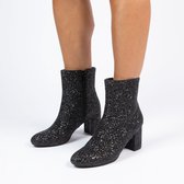 Manfield - Dames - Zwarte glitter enkellaarsjes met hak - Maat 36