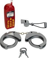 Klein Toys 3-delige politie set - handboeien met sleutel, fluitje en mobiele speelgoedtelefoon - rood grijs