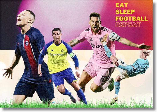Poster Bekende Voetballers - Messi - Ronaldo - Mbappé - Haaland - Kinderkamer - Cadeau - FIFA - PS5 - PSG - Topspelers - Voetbal - Champions League - Geschikt om in te lijsten - 60x42cm