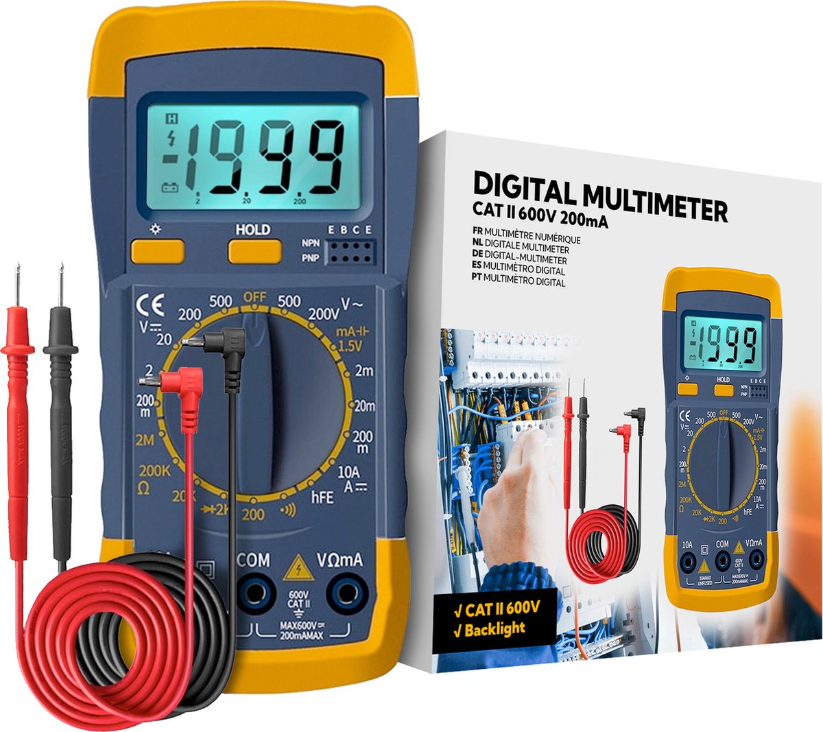 YellowPack Digitale Multimeter - AC / DC - Incl. meetkabels - Multi Meter Elektrisch gereedschap
