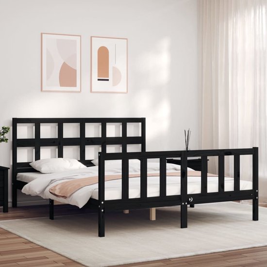 The Living Store Bedframe - Massief grenenhout - Zwarte kleur - 205.5 x 165.5 x 100 cm (L x B x H) - Geschikt voor matras 160 x 200 cm - Montage vereist