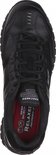 Zwarte Skechers werkschoen, bovenaanzicht toont veters en rode binnenzool met 'Skechers Relaxed Fit Memory Foam'.