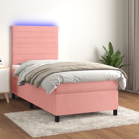 The Living Store Boxspring Bed - Roze Fluweel - 203x100x118/128 cm - LED verlichting - Pocketvering matras - Huidvriendelijk topmatras - Montagehandleiding inbegrepen