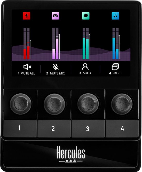 Hercules Stream 100, Gebruiksvriendelijke Audiocontroller om Livestreams in Realtime te Beheren, Tot 8 tracks, LCD-scherm, Hi-res encoders, 4 Actiedrukknoppen