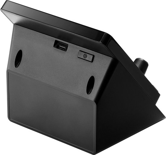 Achterkant van een zwarte Hercules audiocontroller met USB-poort en aan/uit-knop.