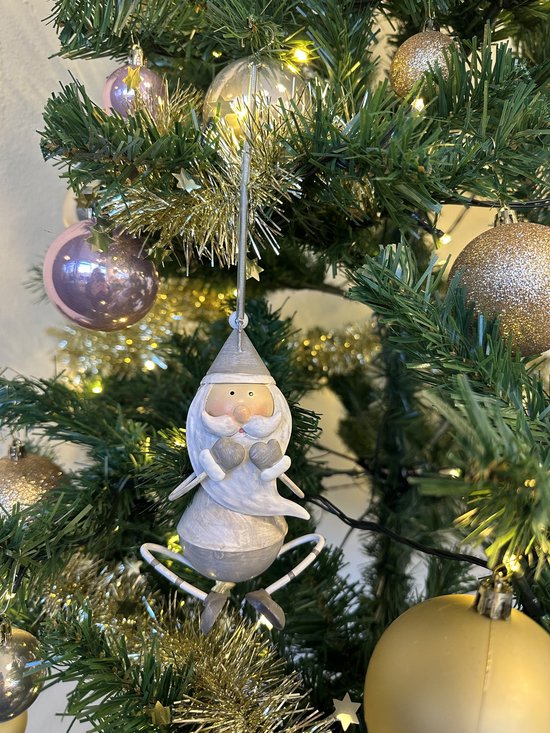 Metaal hangende Kerstman aan veer - zilver - hoogte 13 x 9 x 1 cm / hangend 24 cm - metaal - Kerstdecoratie - Woonaccessoires - Woondecoratie
