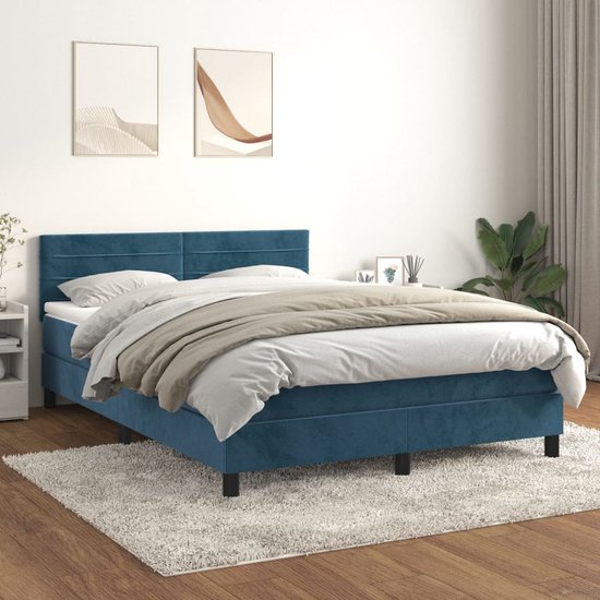 The Living Store Boxspring Bed - Donkerblauw - 203 x 144 x 78/88 cm - Fluweel - Pocketvering - Middelharde ondersteuning - Huidvriendelijk - Inclusief montagehandleiding