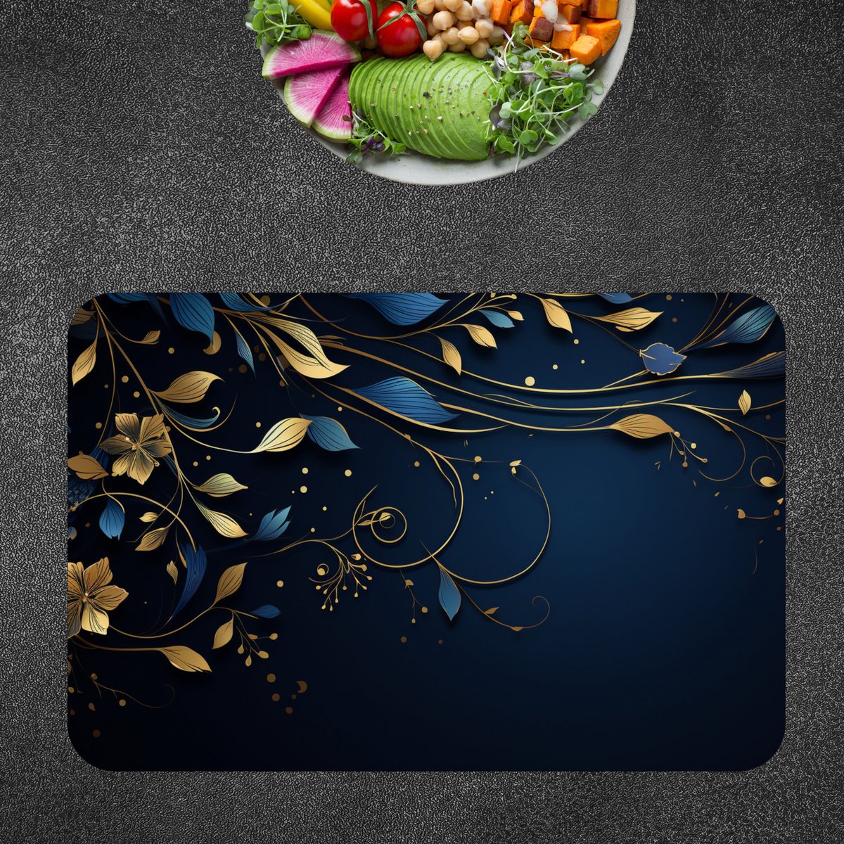 Luxe Placemat - Donker Blauwe Achtergrond met Gouden Bloemen - Set van 6 Placemats - 45x30 cm - 2 mm dik Vinyl - Anti Slip - Afneembaar — cadeau in Wonen & Interieur - foto 4