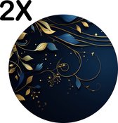 BWK Flexibele Ronde Placemat - Donker Blauwe Achtergrond met Gouden Bloemen - Set van 2 Placemats - 50x50 cm - PVC Doek - Afneembaar