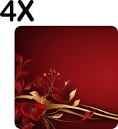 BWK Flexibele Placemat - Gouden en Rode Bloemen - Lint - Set van 4 Placemats - 40x40 cm - PVC Doek - Afneembaar