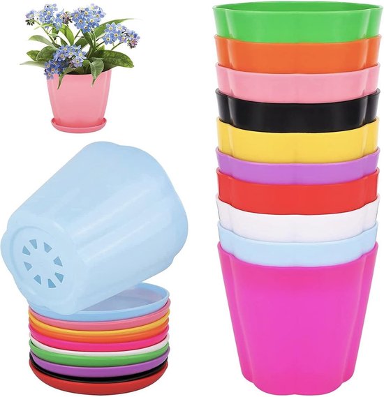 Foto: Plastic plantenpotten 11 cm set van 10 kleurrijke bloempotten voor binnen zaailing kwekerij plantenbak tuin kantoor bureau balkon decor 10 kleuren bloemvorm flower pot
