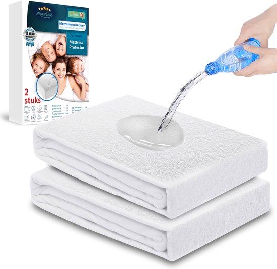LitaLente - Matrasbeschermers - Waterdichte Matrasbeschermer (set van 2) 200x220 cm Hoeslakenbadstof Matrasbeschermhoezen - Antibacteriëel - Rondom Elastiek - Wit - Waterdichte Matras Beschermer Incontinentie Matrasbeschermer 200 x 220 cm