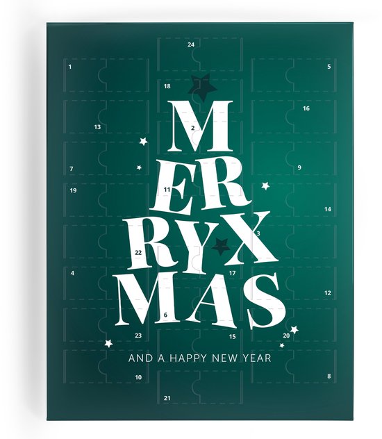 Adventskalender met 24 vakjes met "MERRY CHRISTMAS" in witte letters. De kalender is groen met een gradiënt.