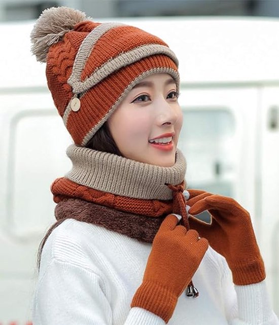 Ensemble Bonnet Écharpe Gants 3 En 1 Hiver Chaud Tricoté - Homme Femme - Doublure Polaire Confortable