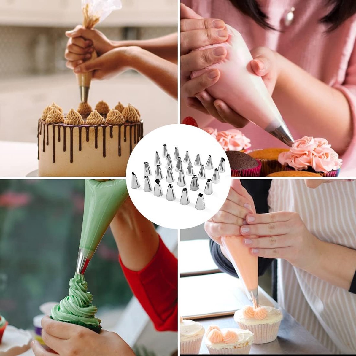 Set van 28 Russische spuitmonden roestvrij staal bakaccessoires taartset met taarten spuitzak voor doe-het-zelf cupcakes en taartdecoratie
