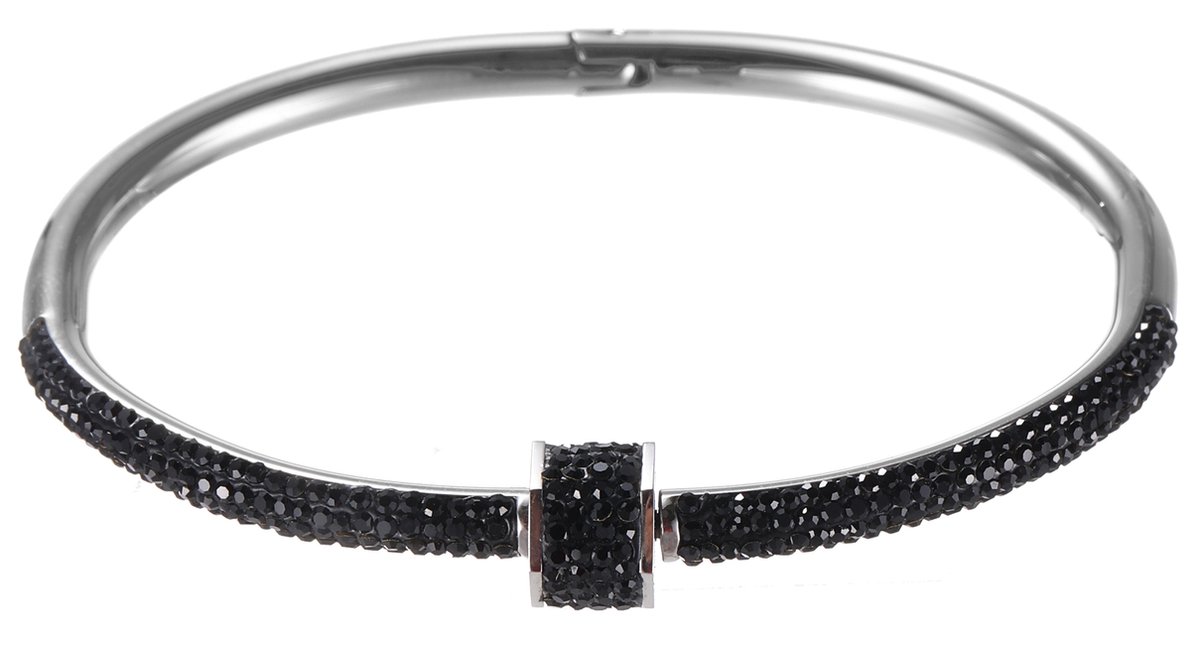 Nouka Dames Armband – Zilver Gekleurde Bangle met Zwarte Strass Steentjes - Stainless Steel – Cadeau voor Vrouwen