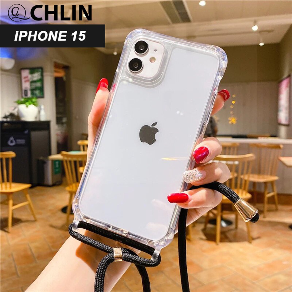 CL CHLIN® - iPhone 15 transparant hoesje met ZWART koord - Hoesje met koord IPhone 15 - iPhone 15 case - iPhone 15 hoes - iphone hoesje met cord - iPhone 15 bescherming - iPhone 15 protector