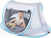 Fuegobird BabyBox Lit de Camping - Tente Bébé - Niveau de Protection UV UV50+ - Bloque les Moustiques - Rangement Pliable - Renfort de Clou de Sol - Grijs Argent / Blauw